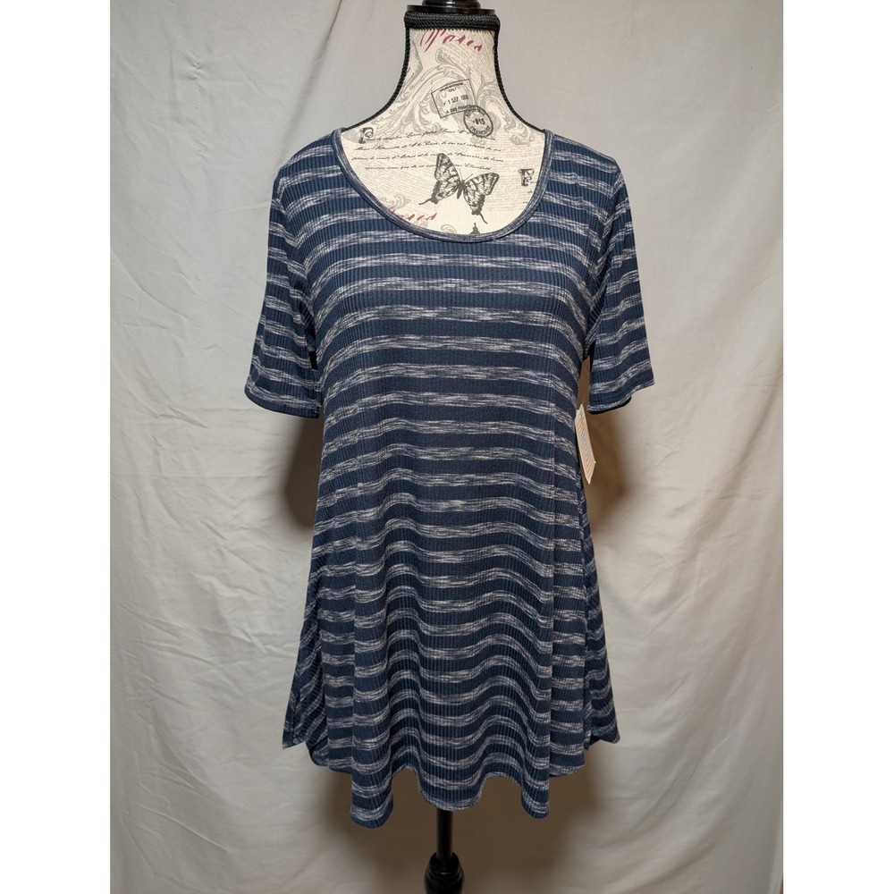 LuLaRoe Women's Navy‎ Blue White Striped Ribbed Swing Tunic Top New Size Small